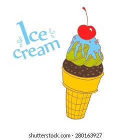 Colorful ice cream cone, doodle style, vector