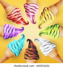 Colorful ice cream cone in form of circle, different flavors such as strawberry, peppermint, lemon, mango, blueberry, chocolate and milk, clipping crop technique, Vector illustration