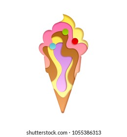 Colorful ice cream cone icon in paper craft style. Dairy vector illustration.
