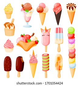 Colorful ice cream cone icons set. Vector cartoon food illustration. Summer dessert snacks collection. Sweet design elements, isolated on white background.