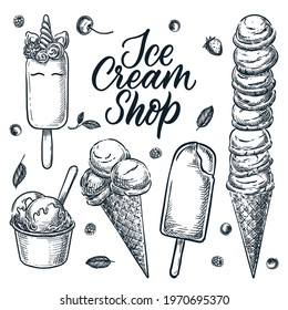 Colorful ice cream cone icons set. Vector cartoon food illustration. Summer dessert snacks collection. Sweet design elements, isolated on white background.