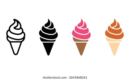Colorful Ice Cream Cone Icons, Black, Pink, Brown, and Beige Flavors for Dessert Concept
