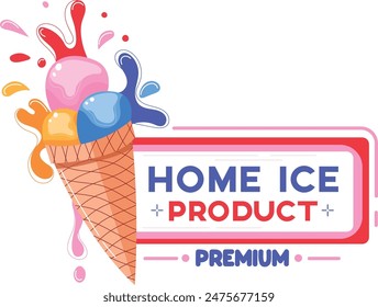 Colorful ice cream cone melting vibrant splashes. Creative sweet treat advertisement design. Ice cream graphic colorful isolated white background