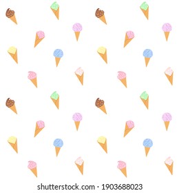 Colorful ice cream cone on a white background. Summer food and dessert. Vector seamless pattern for ice cream shop, sweet shop, cafe, wrapping paper, packaging, wrapper, printing on textile and menu