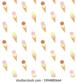 Colorful ice cream cone on a white background. Summer food and dessert. Vector seamless pattern for ice cream shop, sweet shop, cafe, confectionery, wallpaper, wrapping paper, packaging, wrapper, menu