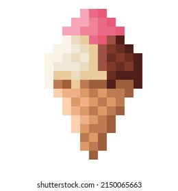 Colorful ice cream cone pixel art. Vector illustration.