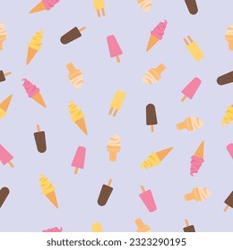 Colorful ice cream cone seamless pattern on isolated white background. Vector illustration cartoon style