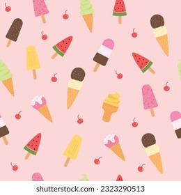 Colorful ice cream cone seamless pattern on isolated white background. Vector illustration cartoon style