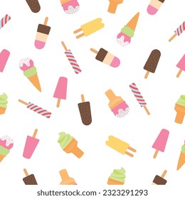 Colorful ice cream cone seamless pattern on isolated white background. Vector illustration cartoon style
