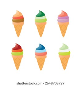 Colorful ice cream cone set in flat cartoon style