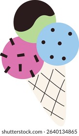 A colorful ice cream cone with three scoops and sprinkles in a flat style. The cone features a grid pattern and vibrant toppings. Cartoon vector illustration.
