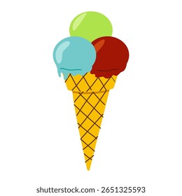 Colorful ice cream cone with three distinct flavors served on a sunny day