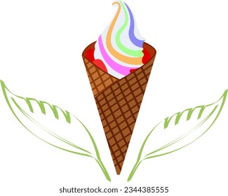 colorful ice cream cone and two green leaves on the sides