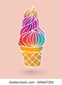 Colorful ice cream in cone with white contour isolated on pink background. Sticker. Vector illustration.