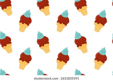 Colorful ice cream cones arranged in a playful pattern on a white background