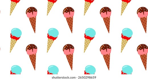 Colorful ice cream cones create a delightful pattern on a white background showcasing various flavors and textures