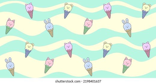 Colorful ice cream cones with cute animals on a background of turquoise and yellow waves. Endless texture with kawaii dessert characters. Vector seamless pattern for surface texture, cover and print