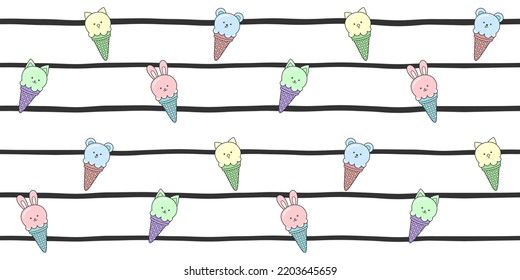 Colorful ice cream cones with cute animals on a black and white striped background. Endless texture with kawaii dessert characters. Vector seamless pattern for cover, surface texture or wrapping paper