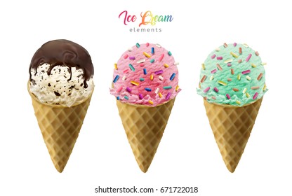 Colorful ice cream cones elements with chocolate sauce and rainbow jimmies for design uses isolated on white background in 3d illustration