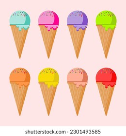 Colorful ice cream cones in flat vector illustration design