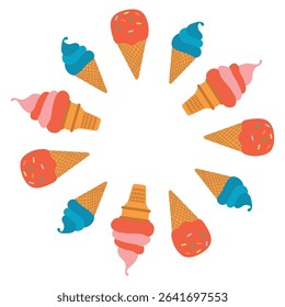 Colorful Ice Cream Cones frame. Vector illustration of various colorful ice cream cones arranged in a circular frame. 