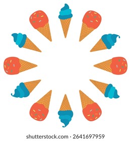 Colorful Ice Cream Cones Frame. Vector illustration of colorful ice cream cones, both red with sprinkles and blue swirl.