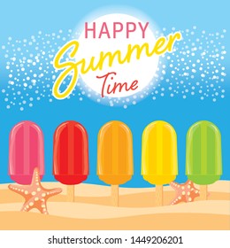 colorful ice cream cones on the beach, summer background, Happy Summer vector illustration