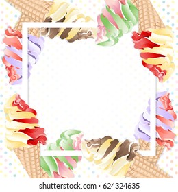 Colorful ice cream cones on white frame on polka dot background with copy space. Vector illustration.