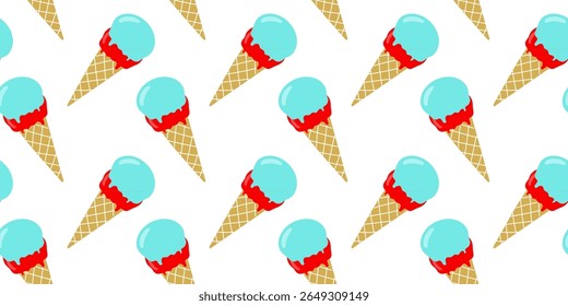 Colorful ice cream cones pattern featuring bright blue ice cream and red syrup on a cream background