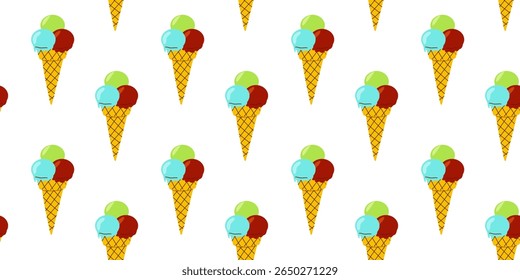 Colorful ice cream cones pattern on a white background creating a fun and vibrant texture for various design projects
