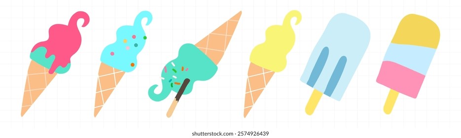 Colorful ice cream cones and popsicles with sprinkles and swirls. Ice cream treats in vibrant colors. Fun ice cream designs for summer vibes. Cute illustrations, isolated vector set.