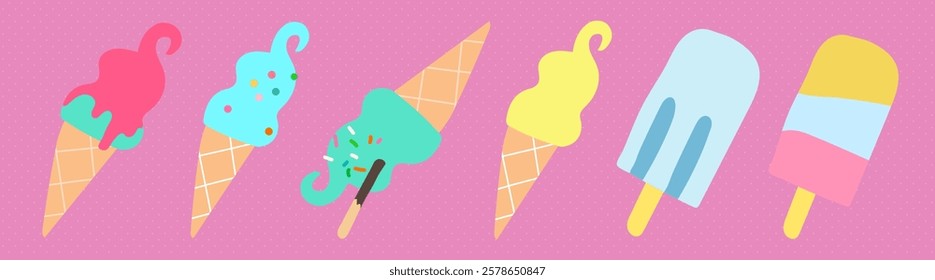 Colorful ice cream cones and popsicles on a pink background. Ice cream with sprinkles, ice cream with chocolate, and vibrant popsicles. Cute illustrations, isolated vector set.