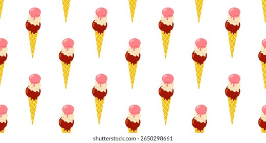 Colorful ice cream cones in a repeated pattern on a white background in a playful artistic design