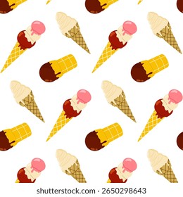Colorful ice cream cones scattered on a white background designed for summer fun and dessert lovers