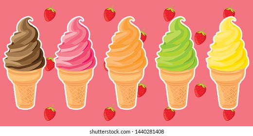 colorful ice cream cones with strawberry background, sweet dessert, summer background