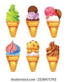 Conos de helado coloridos con sabores y coberturas únicas, con chocolate, galletas y chispas. Vector ilustración de dibujos animados