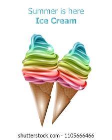 Colorful ice cream cones Vector. Summer sweet desserts card