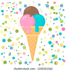Colorful ice cream with colorful confetti background. Cartoon icecream cone in flat style. Concept of summer festval. Vector illustration. Italian Gelato. Easy to edit design template.