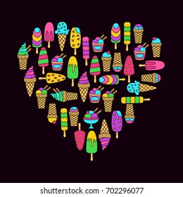 Colorful ice cream doodle heart shape vector illustration