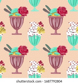 Colorful ice cream and flowers, seamless pattern