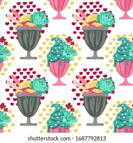 Colorful ice cream and flowers, seamless pattern