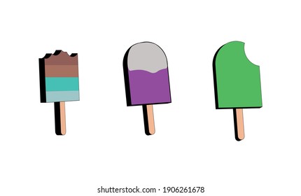 Colorful ice cream food items vector flat illustration on a white background. Set of modern simple trendy ice-creams. Line art ice cream, outline desserts, sweet food icons, vanilla chocolate desert.