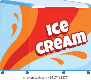 Colorido congelador de helados con texto rojo negrita y diseño rápido. Pantalla de postre congelado comercial, gráficos vibrantes. La venta al por menor de alimentos y el verano tratan la ilustración vectorial.