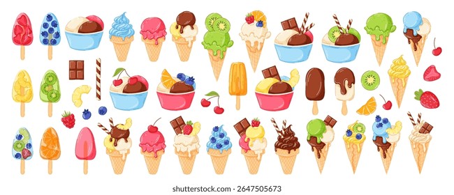 Colorful ice cream and fruit dessert constructor collection with cone, scoop, popsicle, topping. Ideal for summer menu packaging, pattern or kids design in cartoon style isolated on white background.