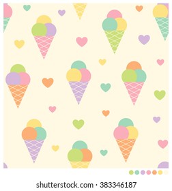 Colorful Ice cream and heart seamless vector pattern