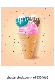 Colorful ice cream in a horn with confetti