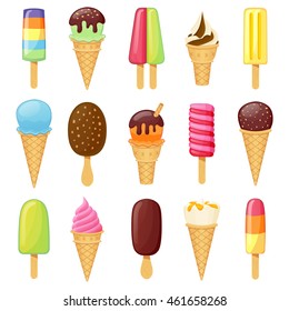 Colorful ice cream icon collection.  Cute ice creams and cones in cartoon style. Isolated vector elements.