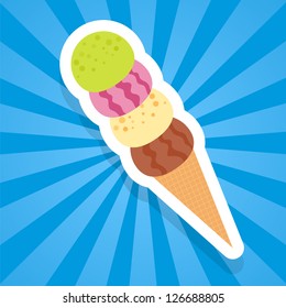 Colorful ice cream icon on blue beams background with cone and ball. Very delicious and funny. May use for design of happy frozen party. Use as leaflet, invitation or illustration.
