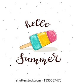 Colorful Ice cream isolated on white background with lettering Hello Summer, illustration.