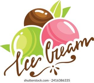 Colorful ice cream logo with chocolate, mint, strawberry flavors and leaf accents, stylish script text. Summer treat, dessert emblem vector illustration.